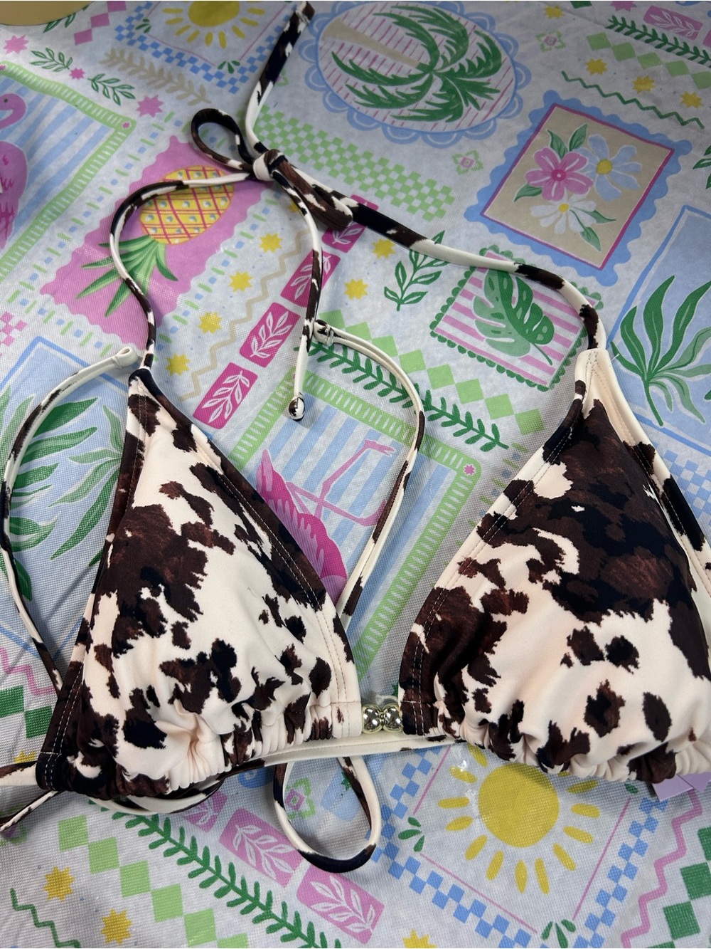 Womens Cow Print Triangle One-Piece Swimsuit top - Brown/White